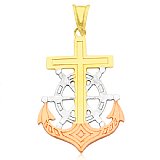 14K Gold Bonded /  Gold Over Silver Tri-Color Cross with Anchor Pendant - SKU: GB 005-14