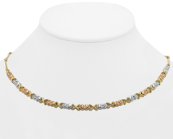 14K Tri-Color Gold Hollow X-O Necklace Beautifully Designed with Multi Color Hearts 5.0mm Wide- SKU:184-06