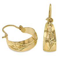 Ladies 14K Yellow Gold Hi Polish Laser / Diamond cut Bangle Earrings 16.7mm in Diameter- SKU:208-05