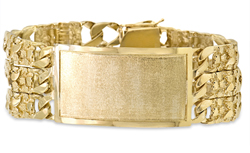 Men's 14K Solid Gold Three Rows Curb Link Bracelet With Framed ID & Nugget Accents 28.3mm - SKU:96-03
