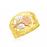Ladies 14K Gold Bonded /  Gold Over Silver Tri-Color Fancy Ring with Rose - SKU: GB 001-17