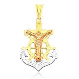14K Gold Bonded /  Gold Over Silver Tri-Color Cross with Anchor Pendant - SKU: GB 005-07