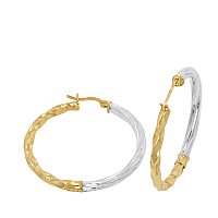 14K Gold Bonded / Gold Over Silver Hi Polish Two-Tone Twisted Round Hoop Earrings - Size Medium to Large 3.0mm Wide & 40.0mm in Diameter - SKU: GBOK032-15